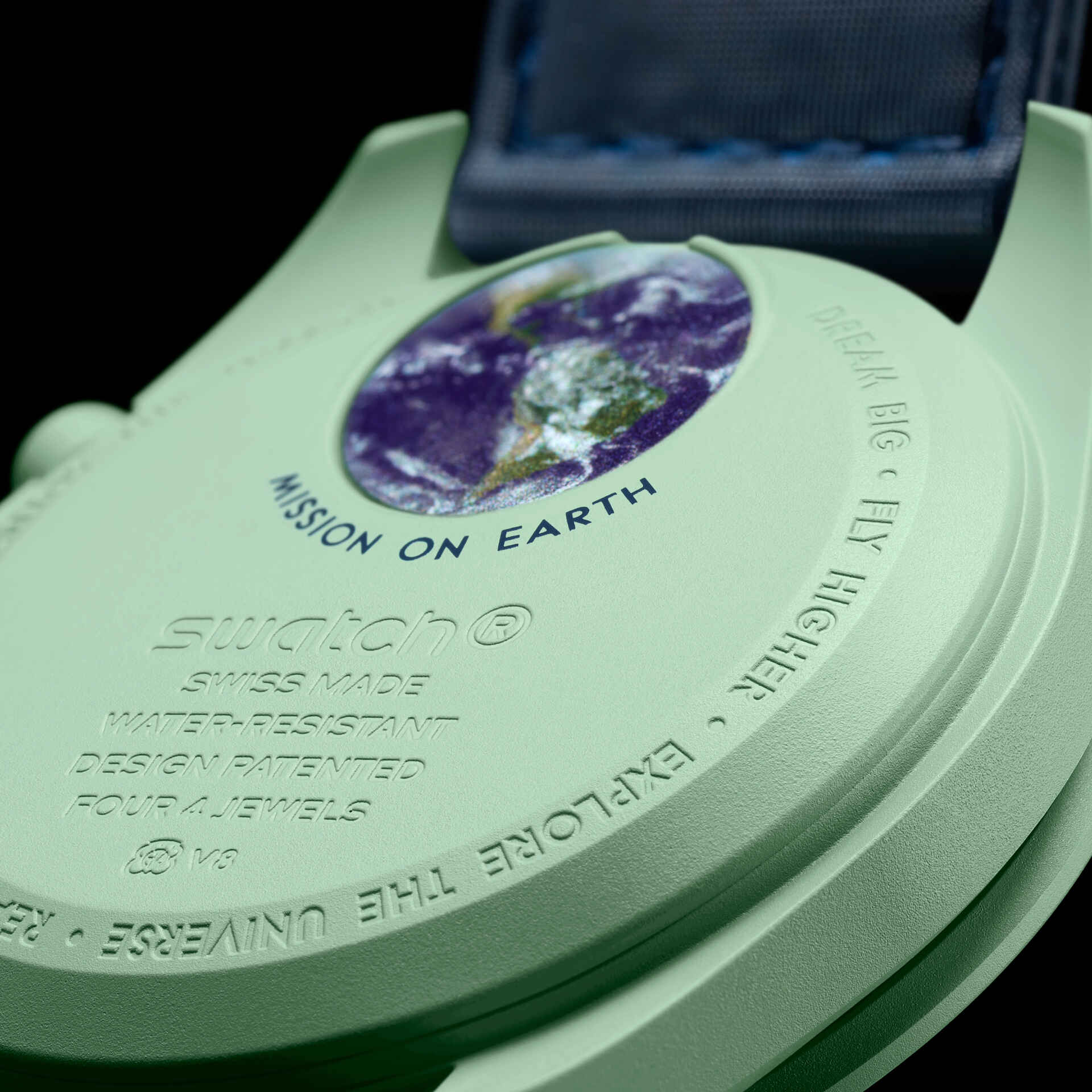 Close-up back case design of Omega x Swatch Mission on Earth showing Earth graphic – Salam Luxury