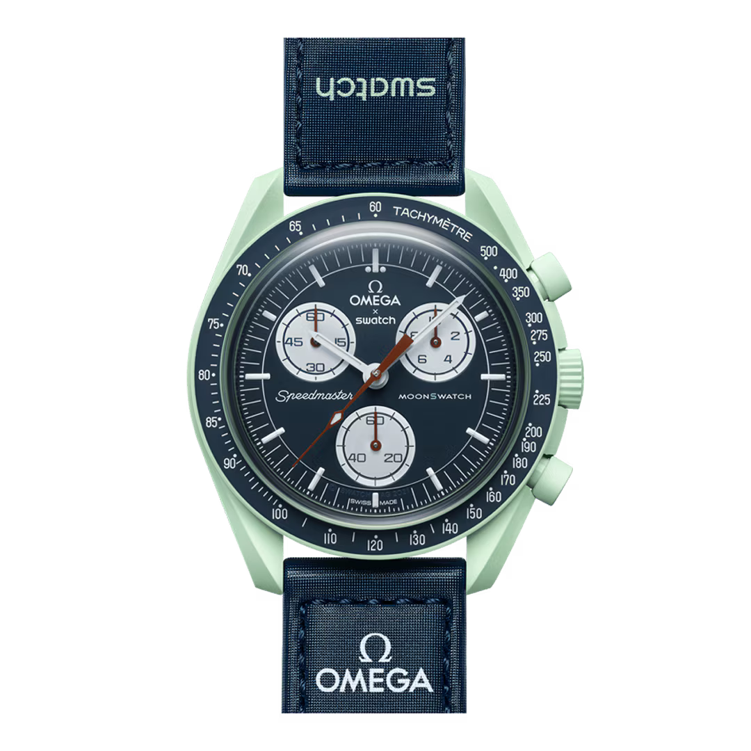 Omega x Swatch MoonSwatch Mission on Earth SO33G100 front view with navy blue VELCRO strap – Salam Luxury