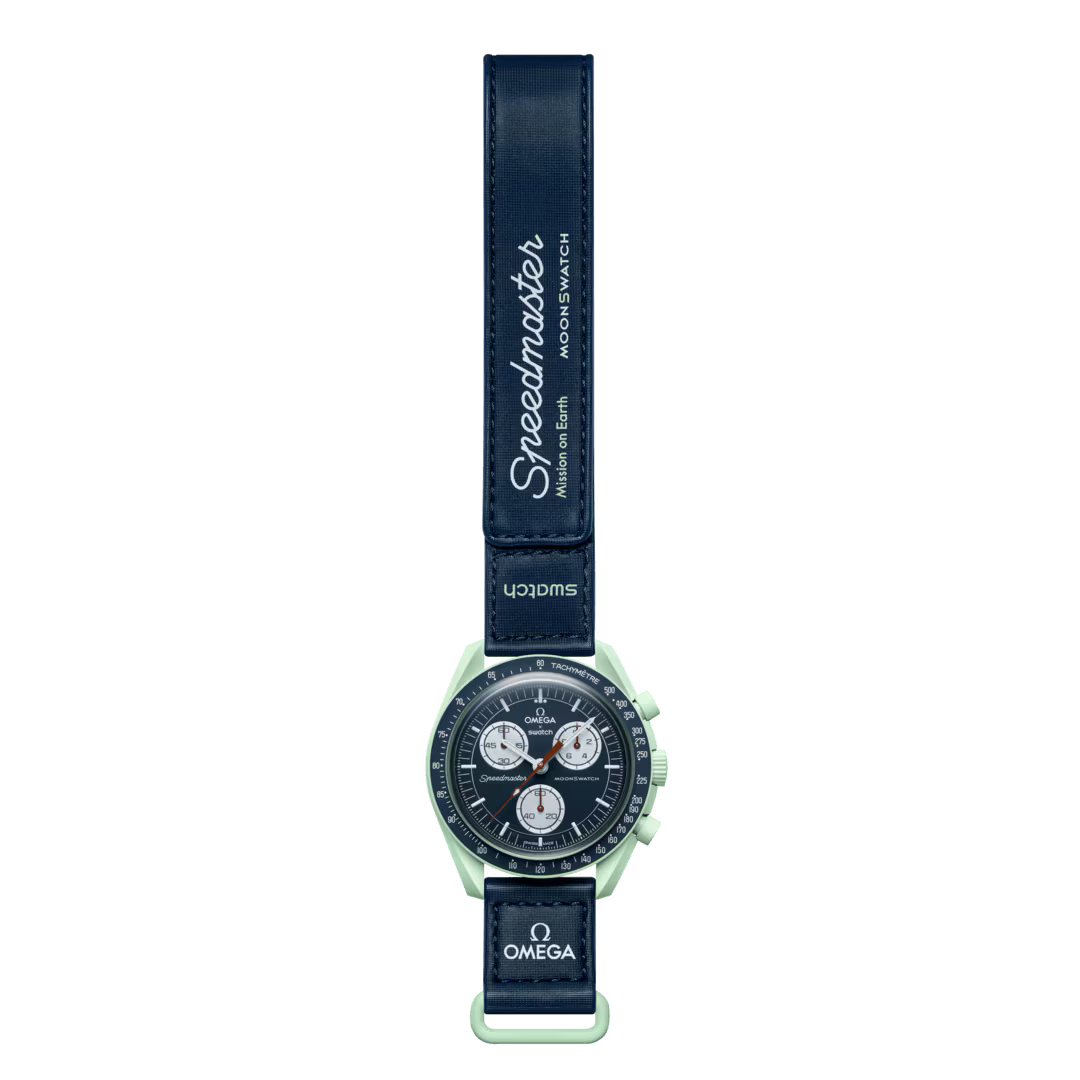 Omega x Swatch Speedmaster MoonSwatch Mission on Earth full length view with branded strap – Salam Luxury