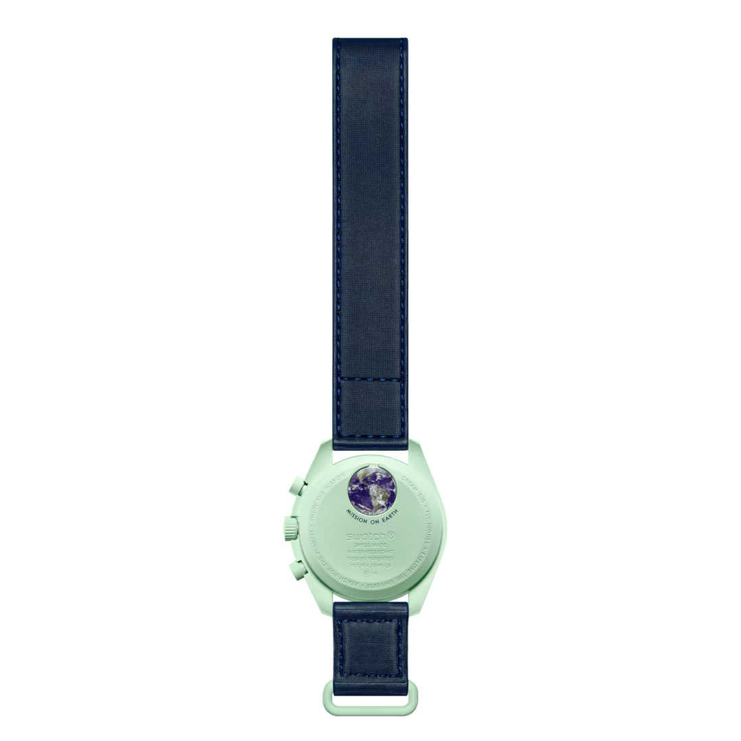 Back case design of Omega x Swatch Bioceramic MoonSwatch Mission on Earth – Salam Luxury