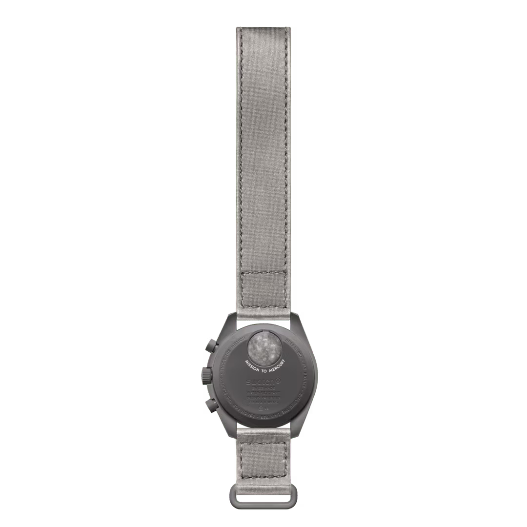 Back case design of Omega x Swatch Bioceramic MoonSwatch Mission to Mercury showing planet graphic – Salam Luxury
