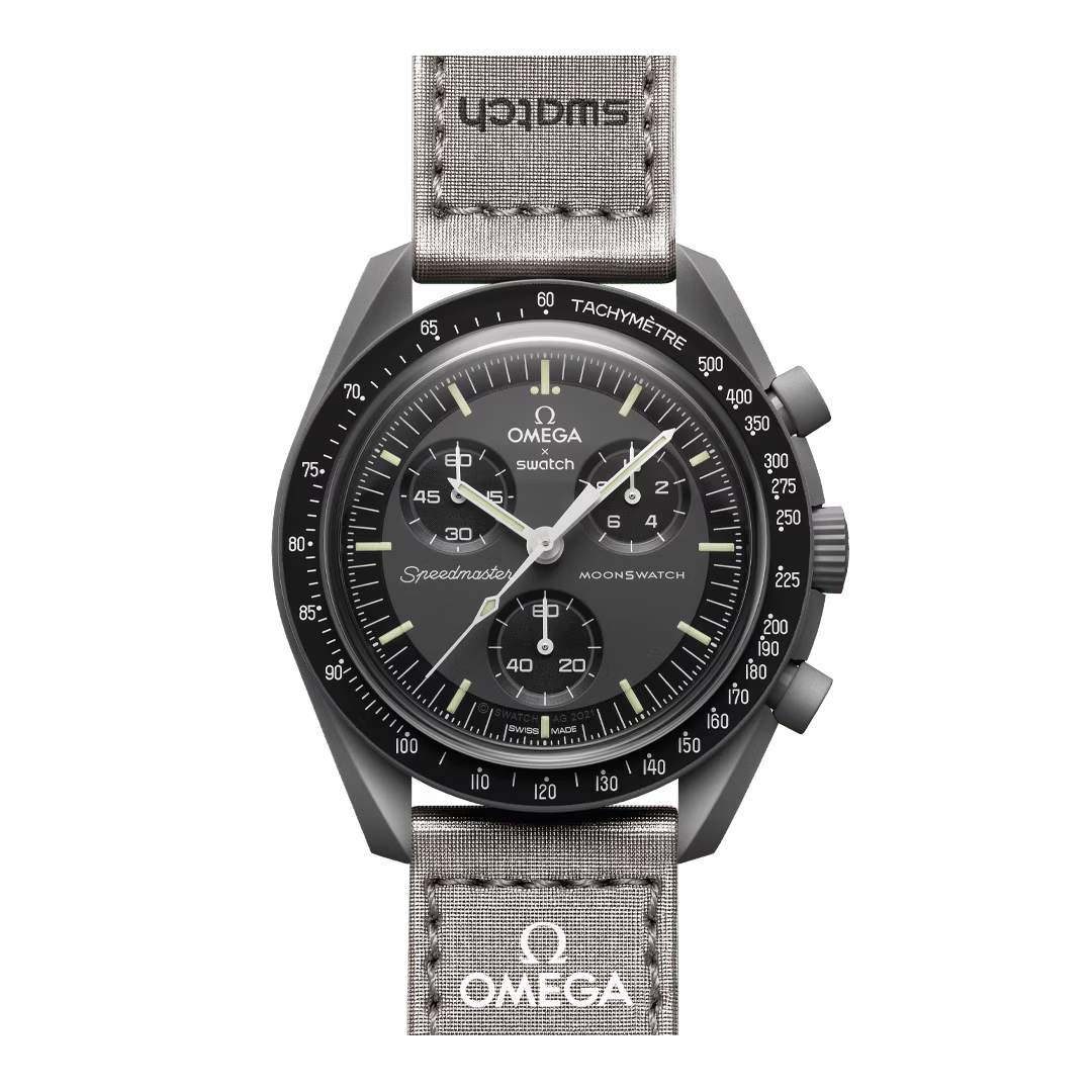 Omega x Swatch MoonSwatch Mission to Mercury SO33A100 front view with dark gray VELCRO strap – Salam Luxury