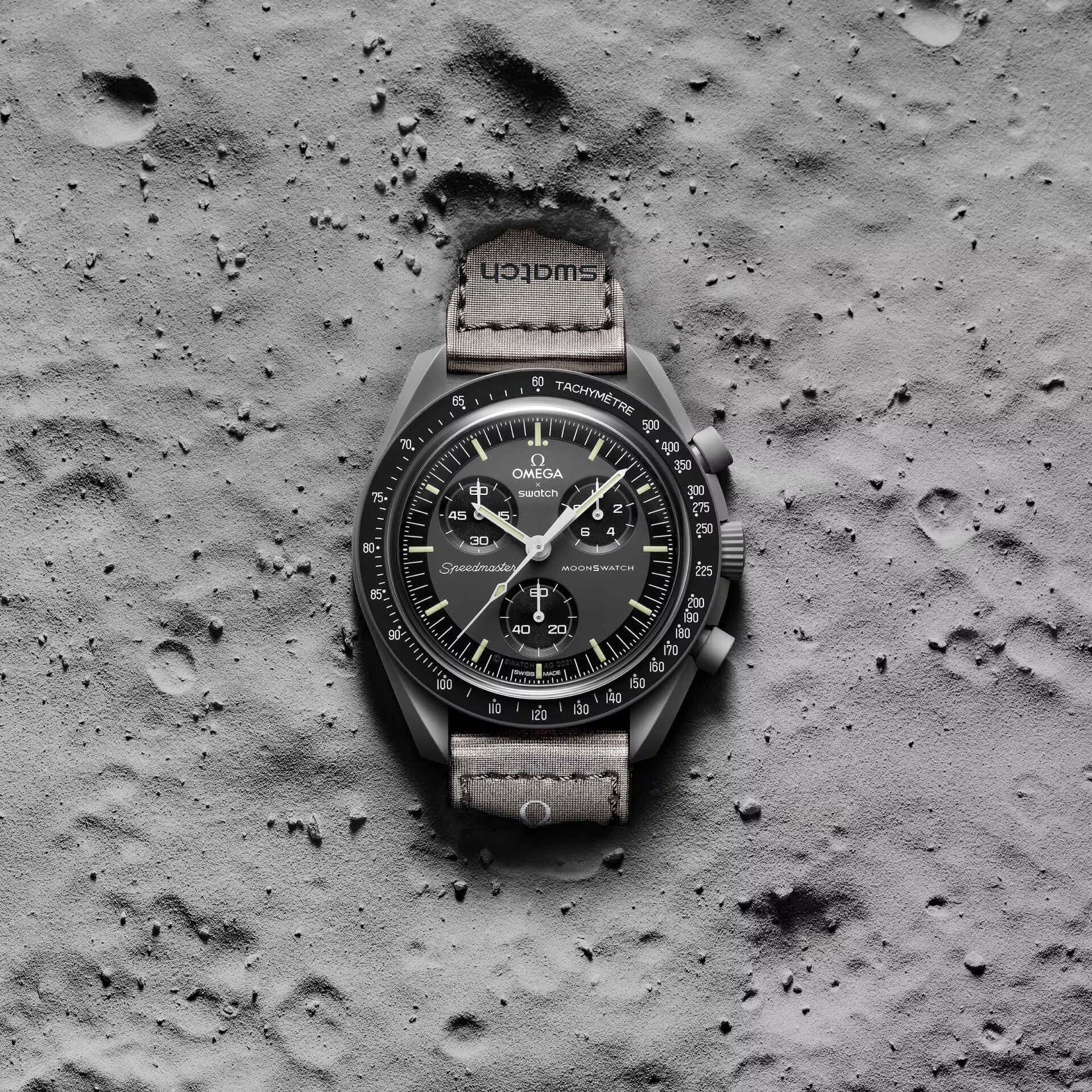 Omega x Swatch Bioceramic MoonSwatch Mission to Mercury dark gray watch on lunar surface – Salam Luxury