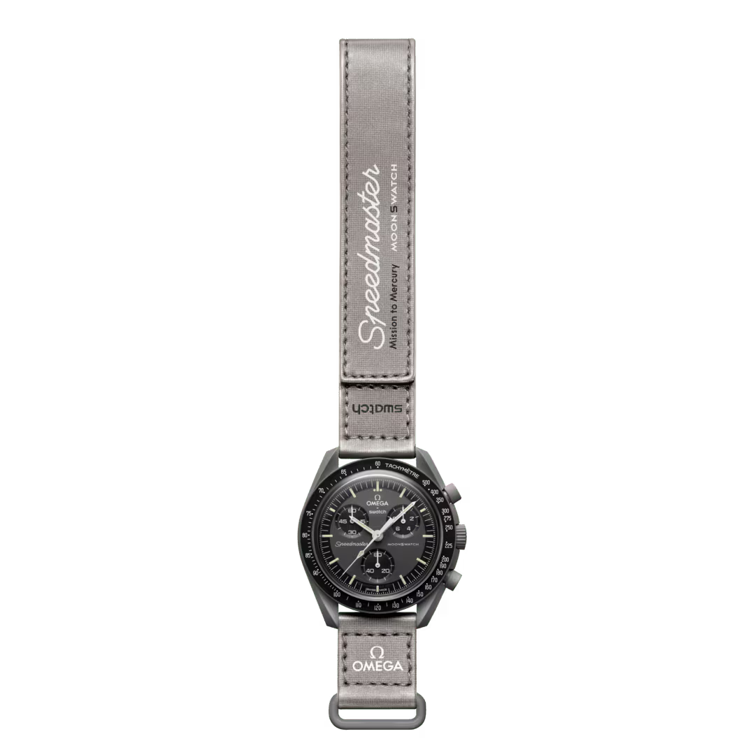 Omega x Swatch Speedmaster MoonSwatch Mission to Mercury full length view with branded strap – Salam Luxury