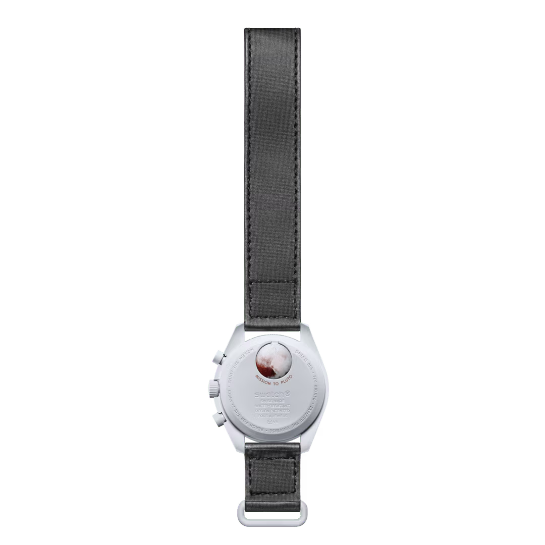 Back case design of Omega x Swatch Bioceramic MoonSwatch Mission to Pluto showing planet graphic – Salam Luxury


