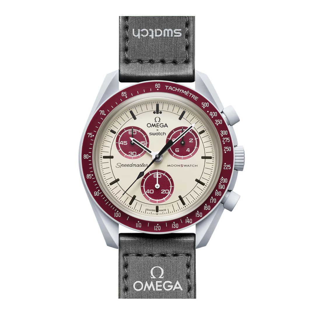 Omega x Swatch MoonSwatch Mission to Pluto SO33M101 front view with dark gray VELCRO strap – Salam Luxury

