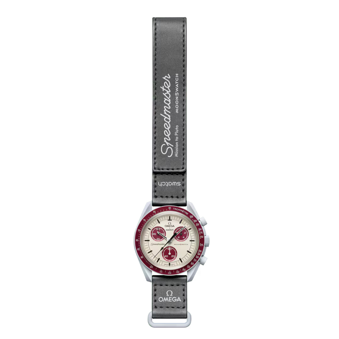 Omega x Swatch Speedmaster MoonSwatch Mission to Pluto full length view with branded strap – Salam Luxury

