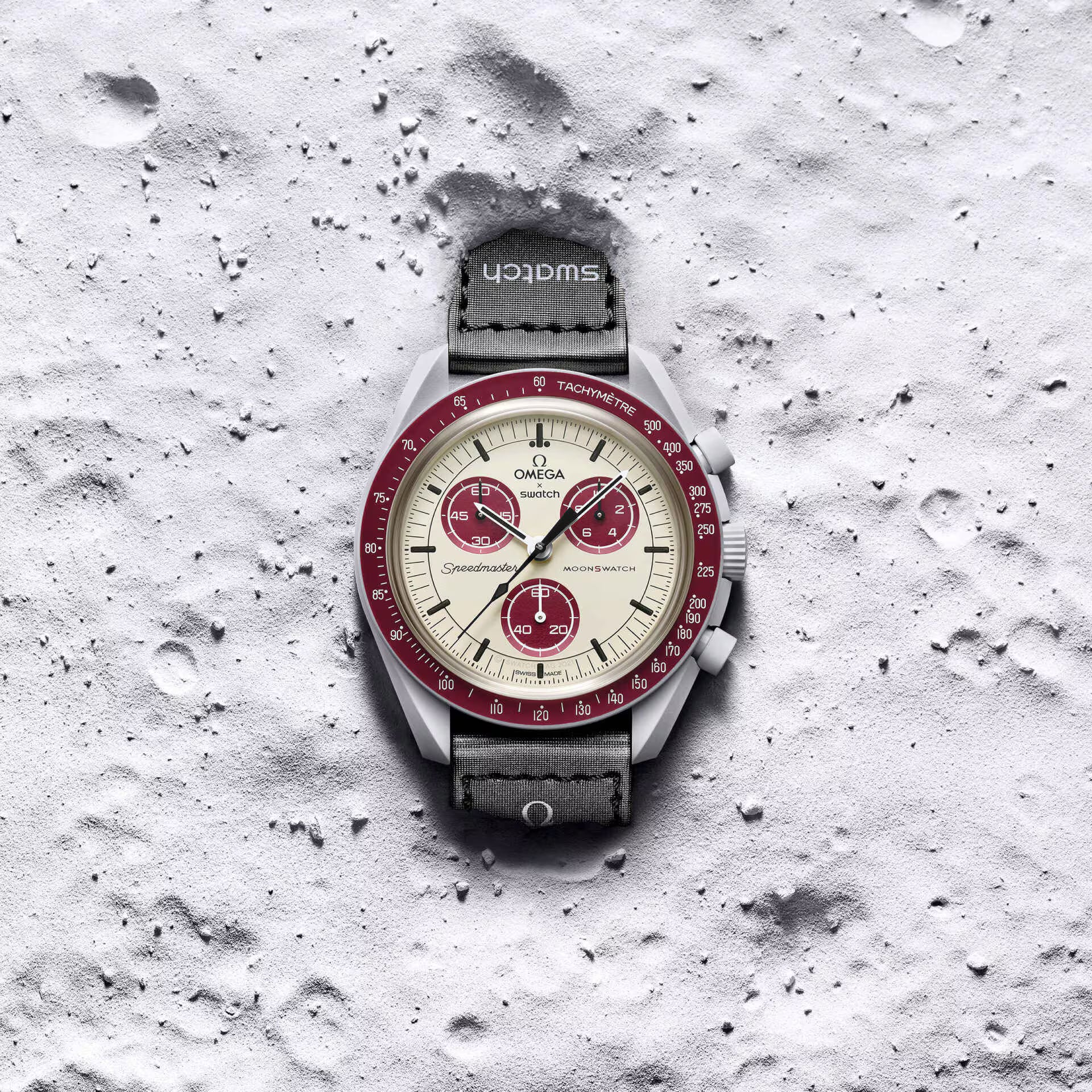 Omega x Swatch Bioceramic MoonSwatch Mission to Pluto burgundy and gray watch on lunar surface – Salam Luxury