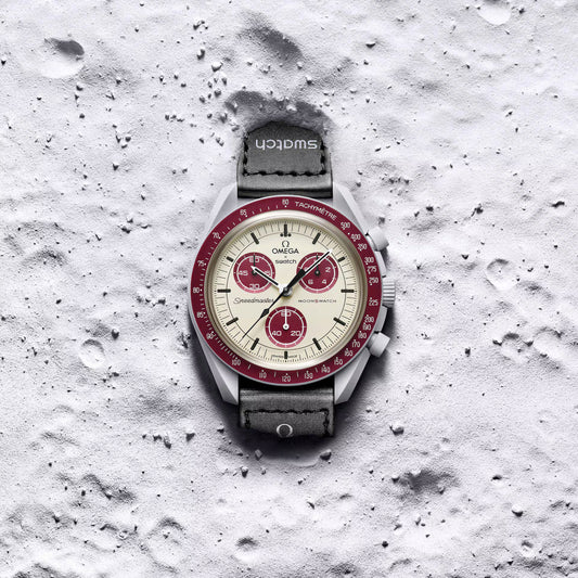 Omega x Swatch Bioceramic MoonSwatch Mission to Pluto burgundy and gray watch on lunar surface – Salam Luxury