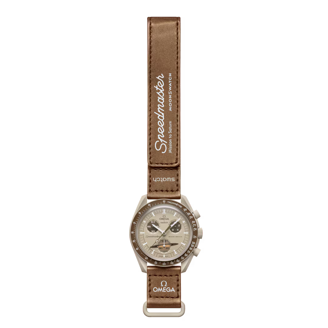 Full view of Omega x Swatch Mission to Saturn watch with brown VELCRO strap showing Speedmaster logo Salam luxury