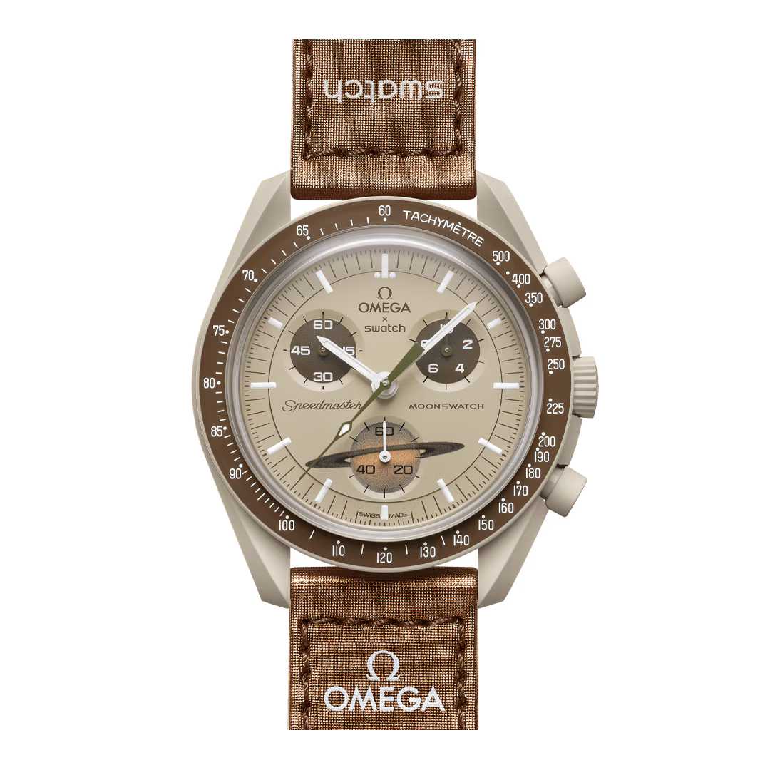 Front view of Omega x Swatch Bioceramic Speedmaster MoonSwatch Mission to Saturn watch