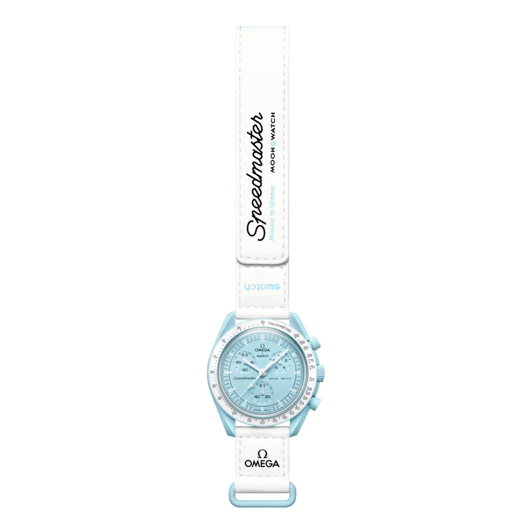 Omega x Swatch Speedmaster MoonSwatch Mission to Uranus full length view with branded strap – Salam Luxury
