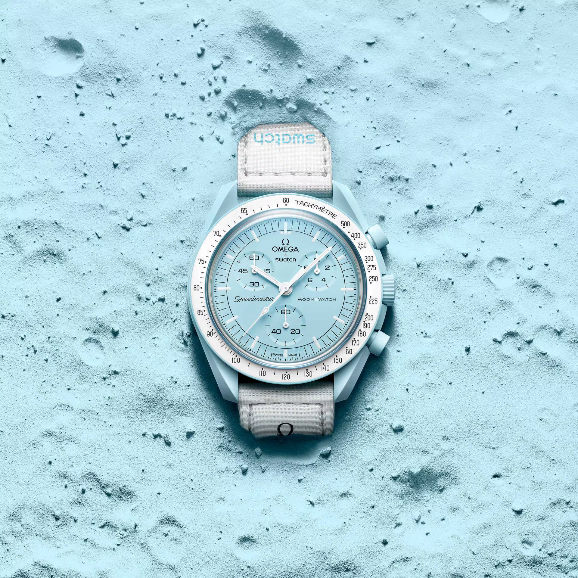 Omega x Swatch Bioceramic MoonSwatch Mission to Uranus pastel blue watch on lunar surface – Salam Luxury