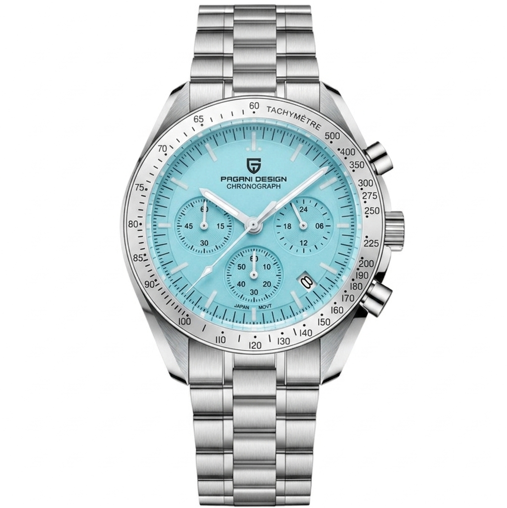 Silver watch with a blue face on a white background
Salam Luxury