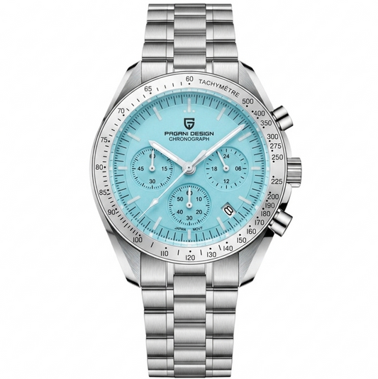 Silver watch with a blue face on a white background
Salam Luxury