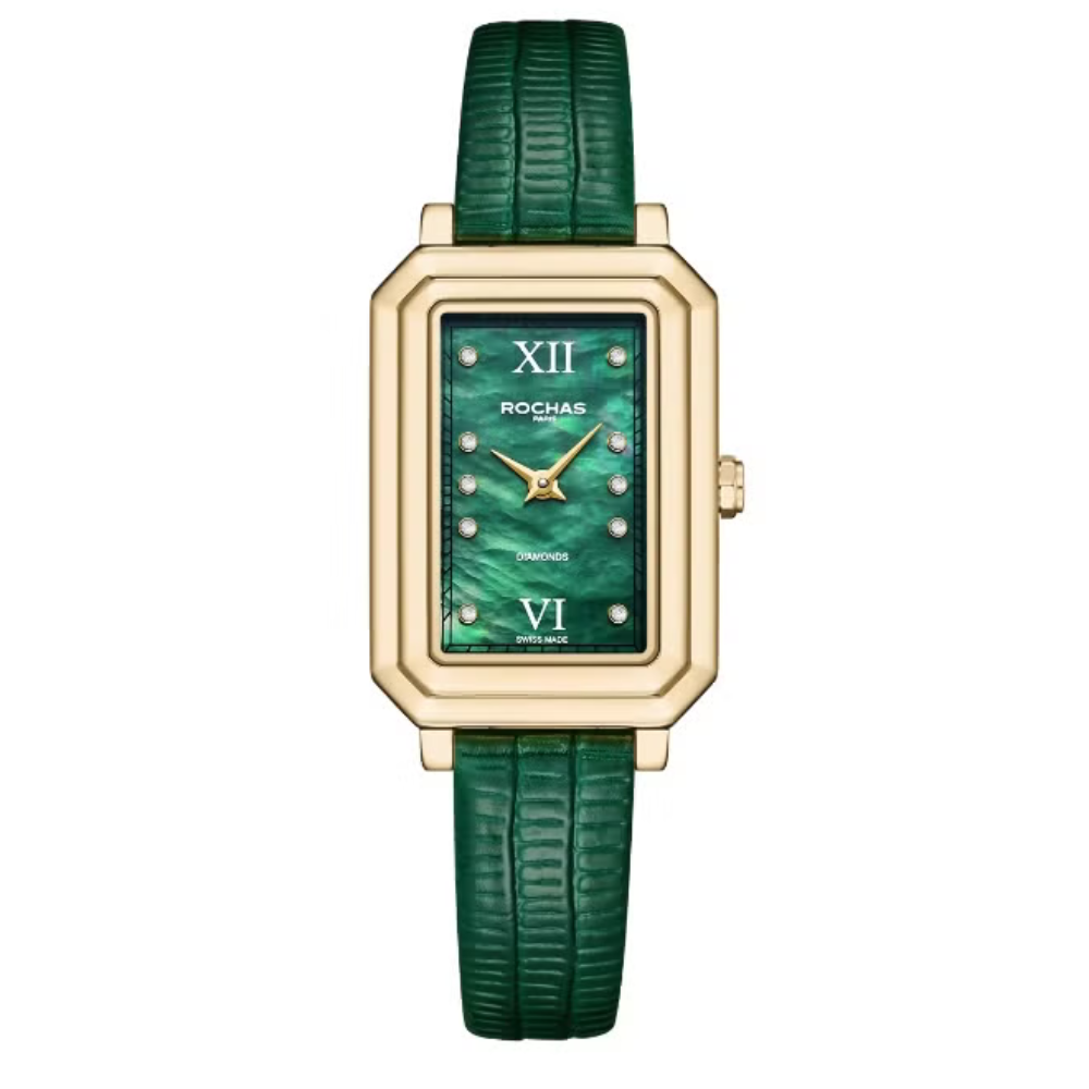 Green |  watch with gold case and green strap on a white background Salam Luxury UAE