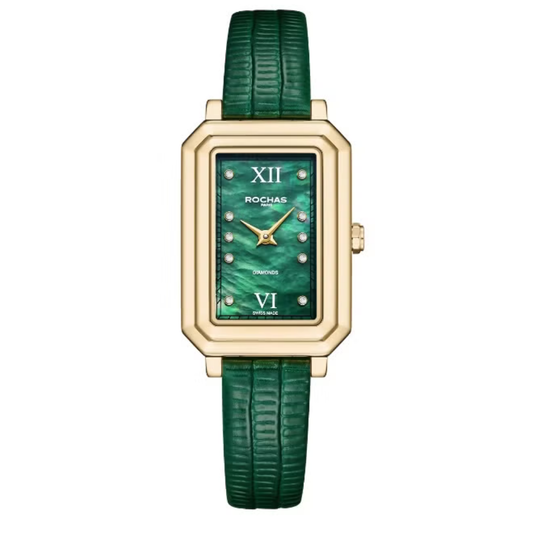 Green |  watch with gold case and green strap on a white background Salam Luxury UAE