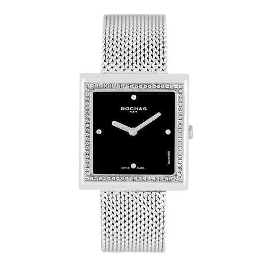 Silver watch with black face and mesh band on a white background
Salam Luxury UAE