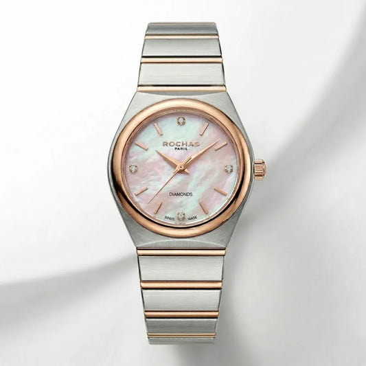 Silver and rose gold watch with a pink face on a light gray background
Salam Luxury