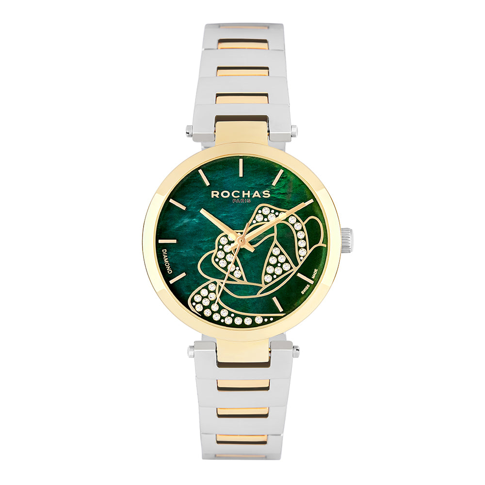 Watch with green face and gold accents on a white background 
Rochas Paris Salam Luxury UAE