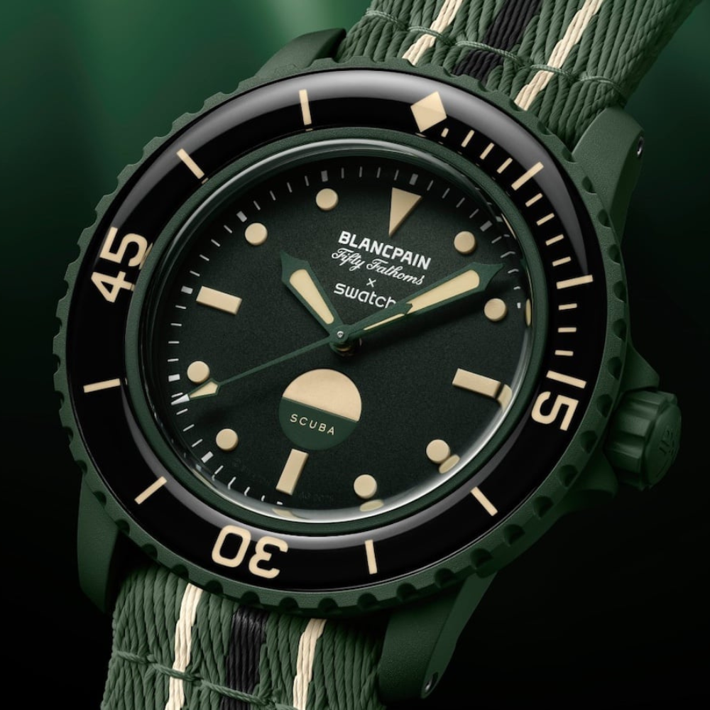 Salam Luxury front dial view of the Blancpain x Swatch Ocean of Storms model SO35G100 luxury green watch.