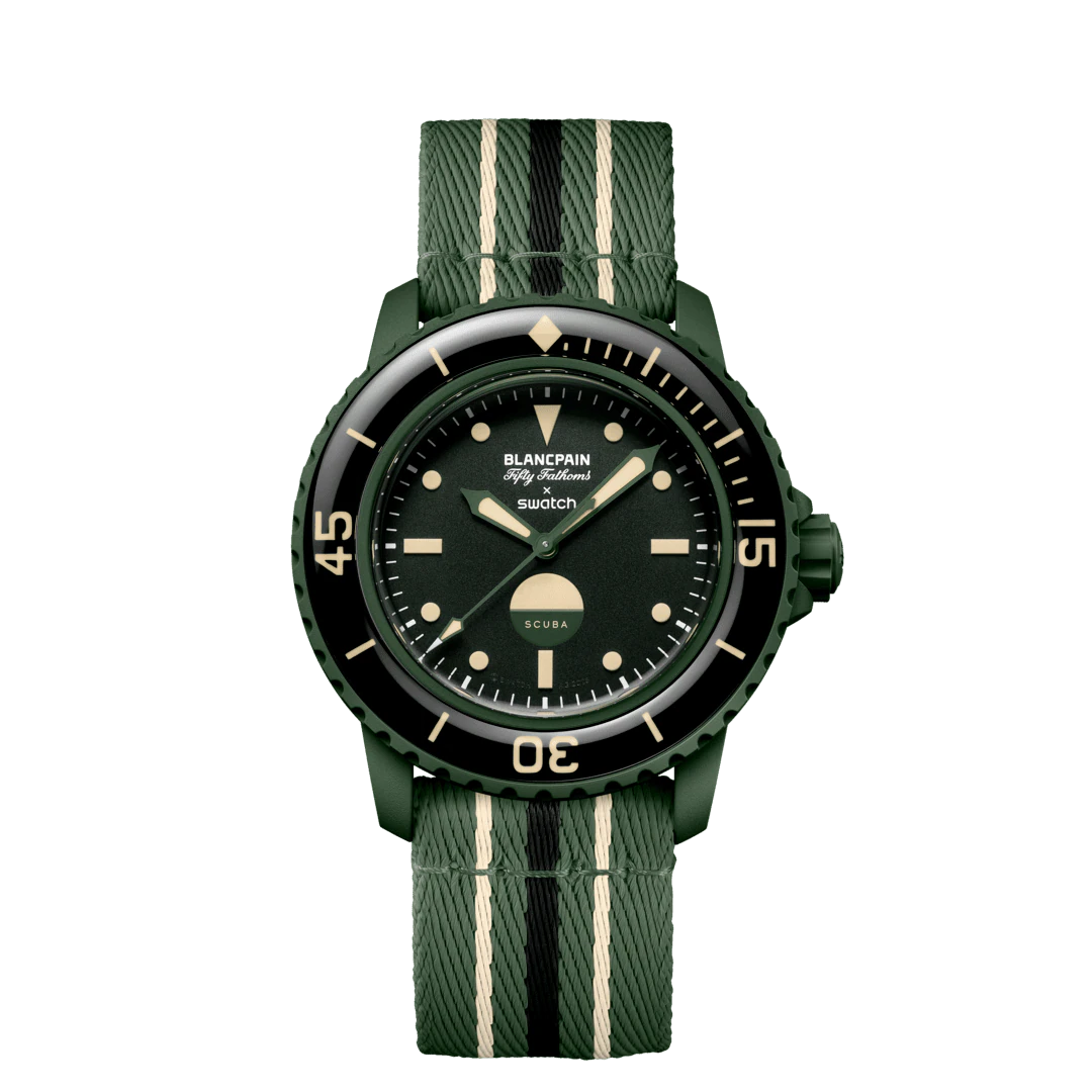 Salam Luxury studio angled display of the Blancpain x Swatch SO35G100 with its signature patterned strap