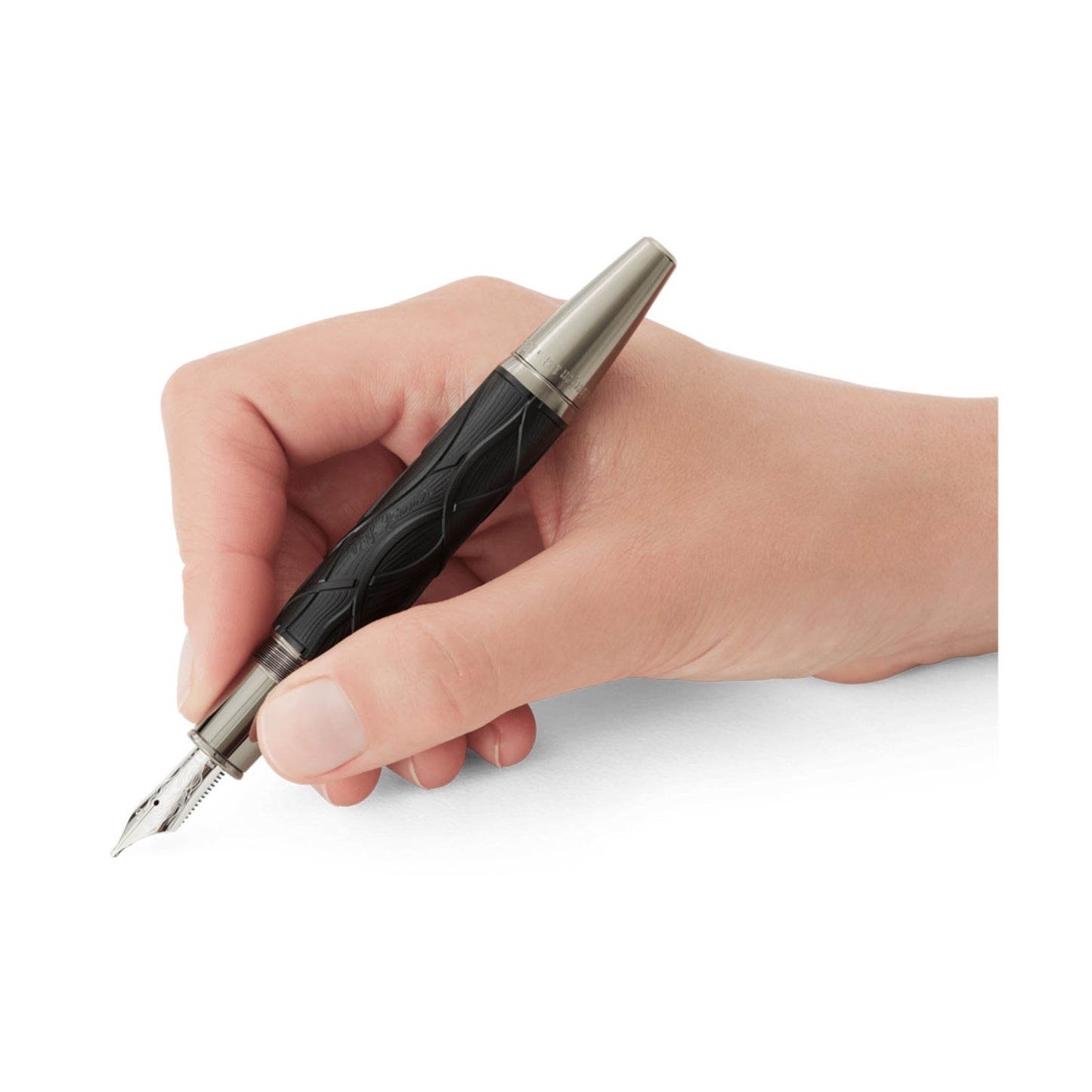 A hand holding the Montblanc Writers Edition Homage to Brothers Grimm Limited Edition Fountain Pen (128362) from Salam Luxury, showing its textured black barrel design