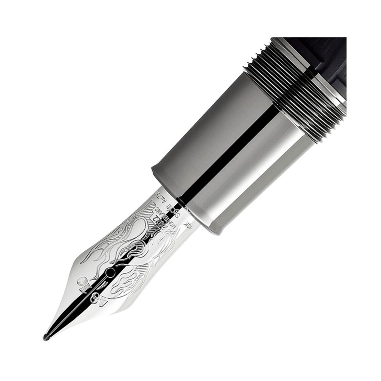 Close-up shot of the ruthenium-coated Au 750 solid gold nib of the Montblanc Homage to Brothers Grimm Fountain Pen, available at Salam Luxury