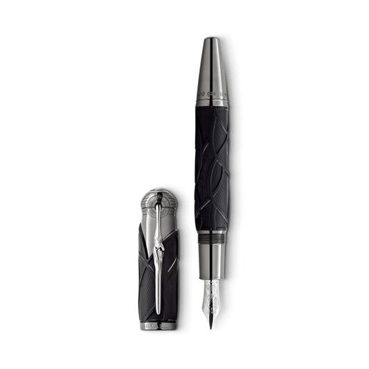 The Montblanc Writers Edition Brothers Grimm Fountain Pen 128362 standing upright next to its cap, featured in the Salam Luxury collection
