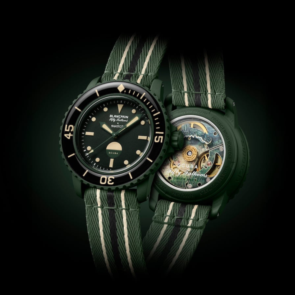 Salam Luxury dual perspective showing front dial and intricate caseback of the Blancpain x Swatch SO35G100 watch