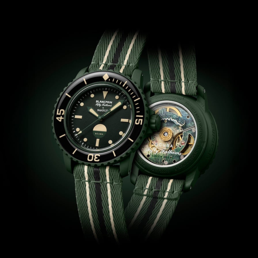 Salam Luxury dual perspective showing front dial and intricate caseback of the Blancpain x Swatch SO35G100 watch