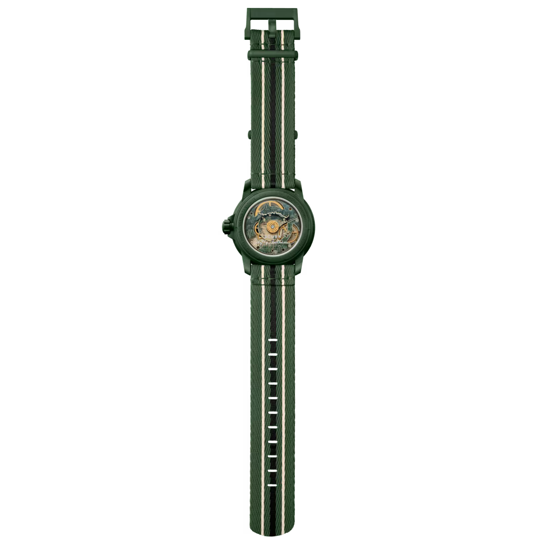 Salam Luxury full length flat lay view of the Blancpain x Swatch SO35G100 watch and green fabric strap.