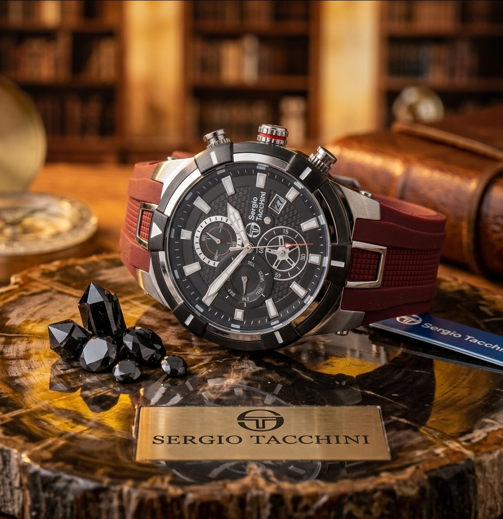 Sergio Tacchini watch with red strap on a wooden surface with decorative elements.
Salam luxury