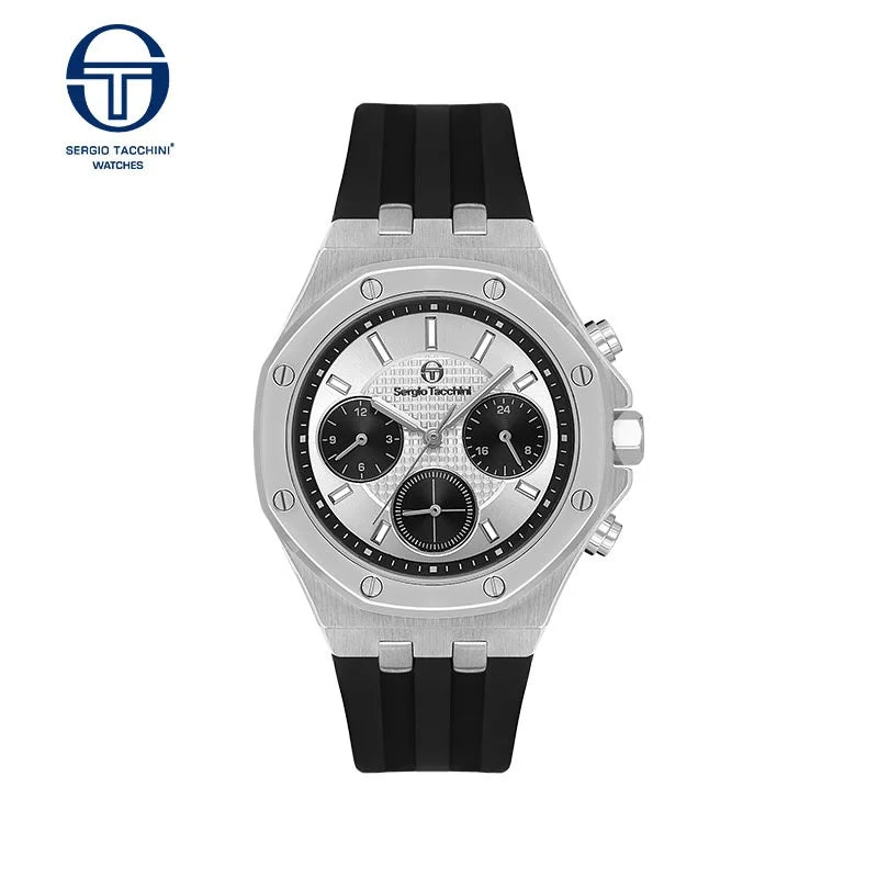 Sergio Tacchini watch with black rubber strap on a white background
Salam Luxury
