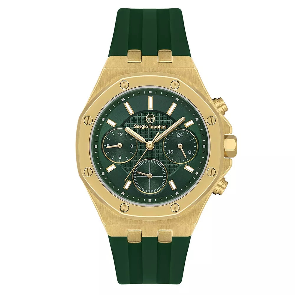 Gold watch with green strap and face on a white background
Salam Luxury