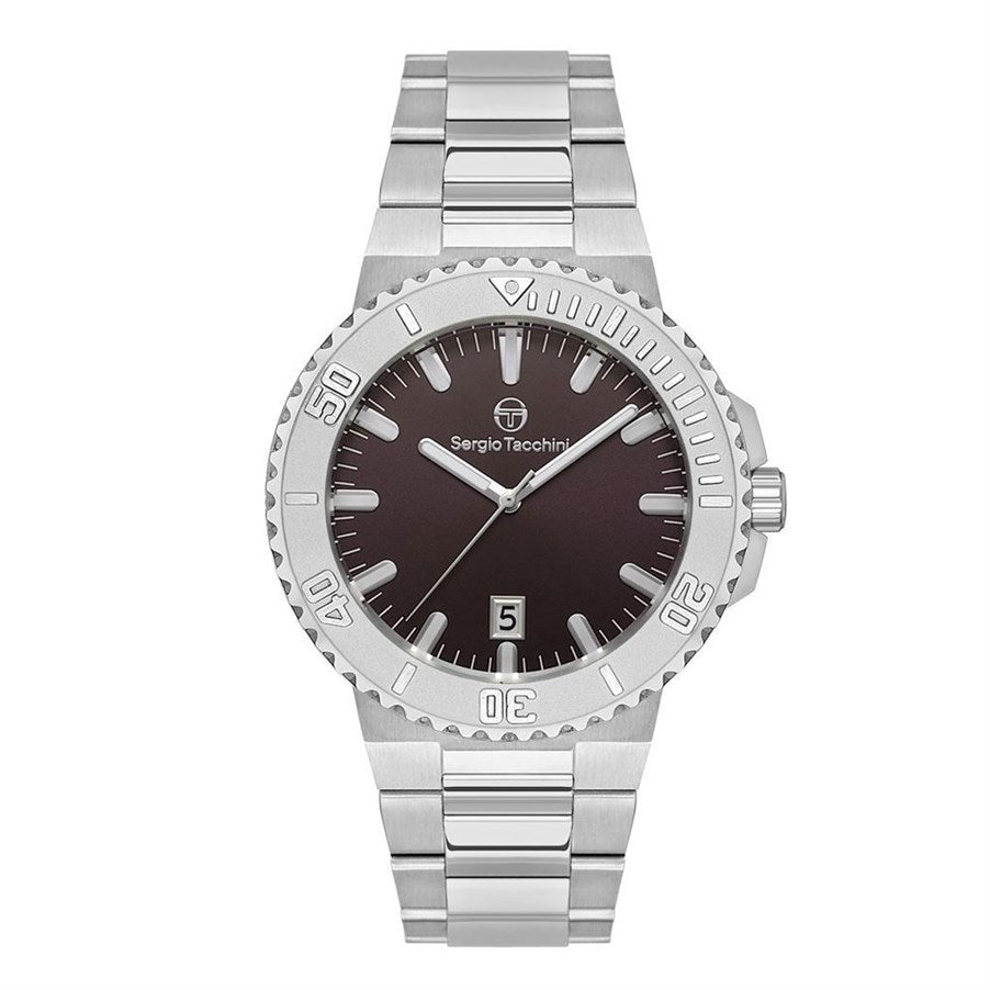 Silver watch with a dark brown dial on a white background
Salam luxury 