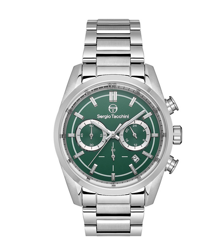 Silver watch with green dial on a white background
Salam Luxury