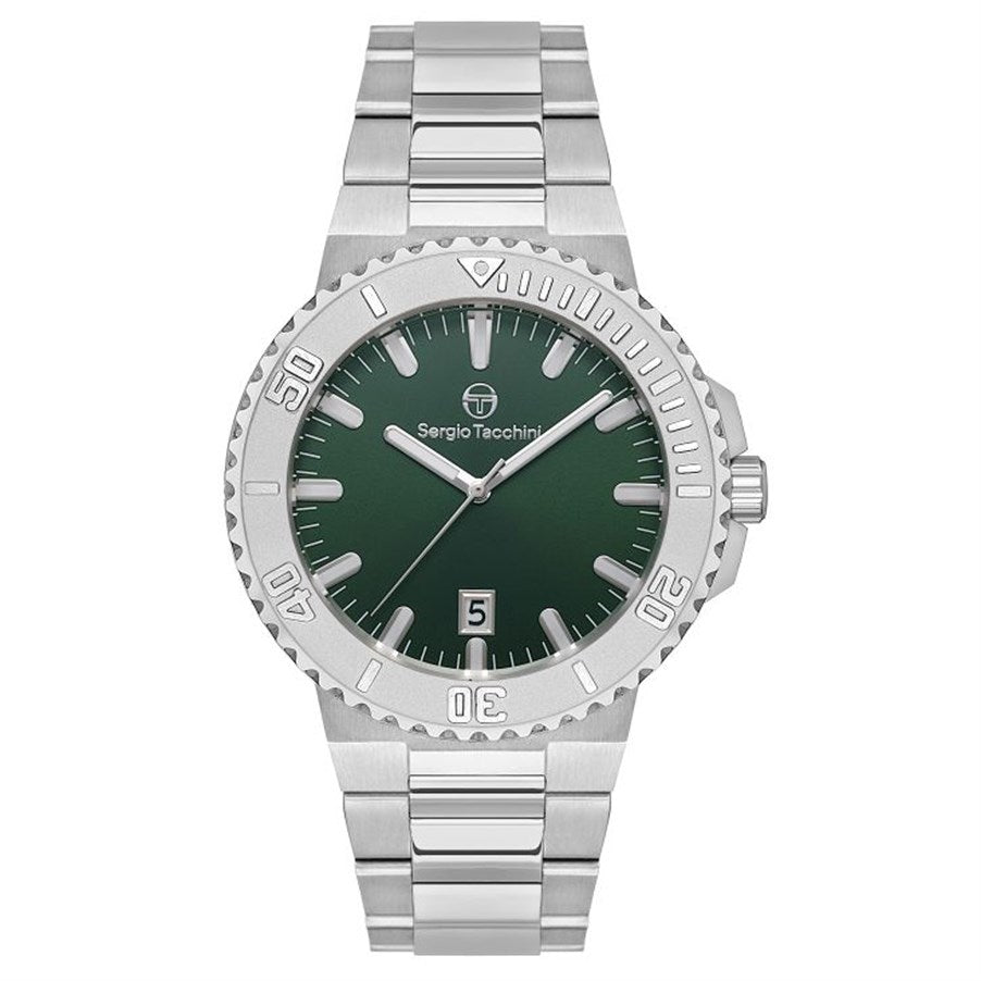 Silver watch with green dial on a white background
Salam luxury 