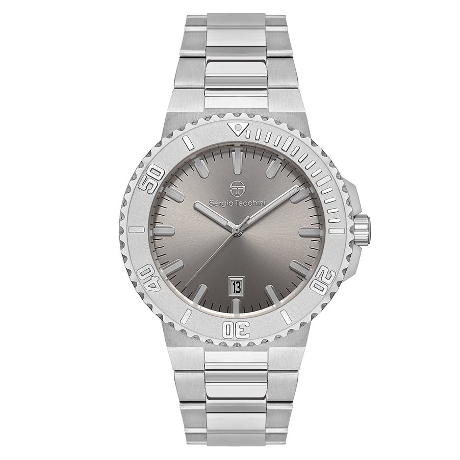 Silver watch with a metallic band on a white background
Salam luxury 