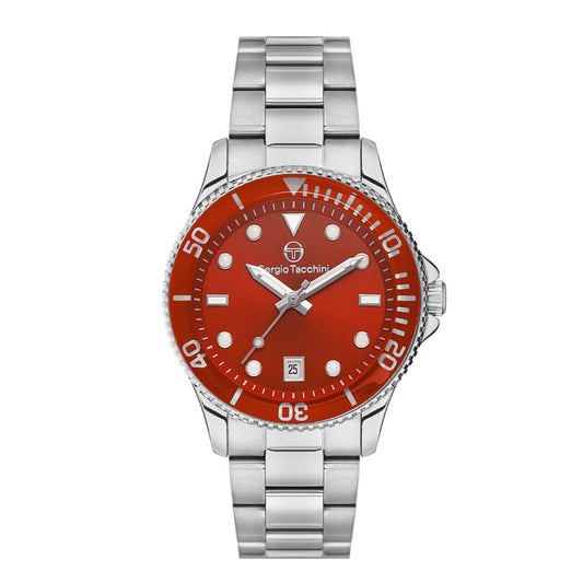 Sergio Tacchini Watch with red dial and silver bracelet on a white background
Salam Luxury