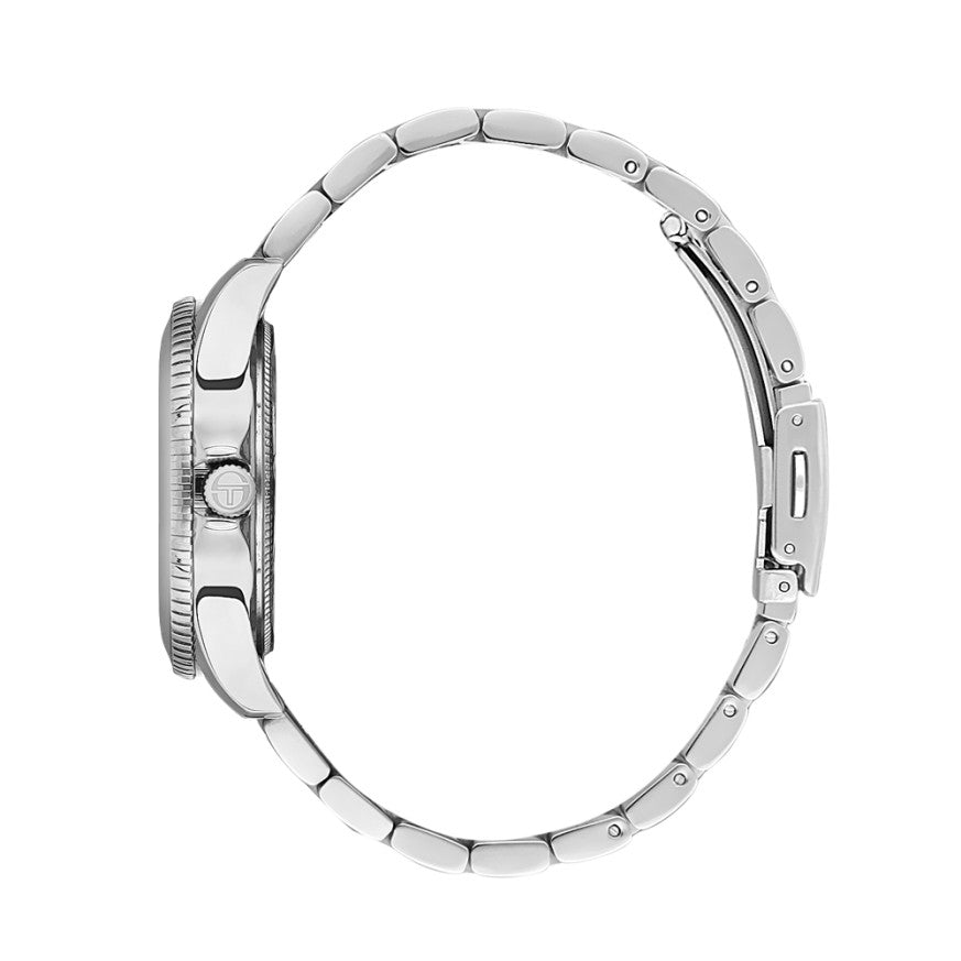 Sergio Tacchini Watch Close-up of a silver watch band on a white background
Salam Luxury