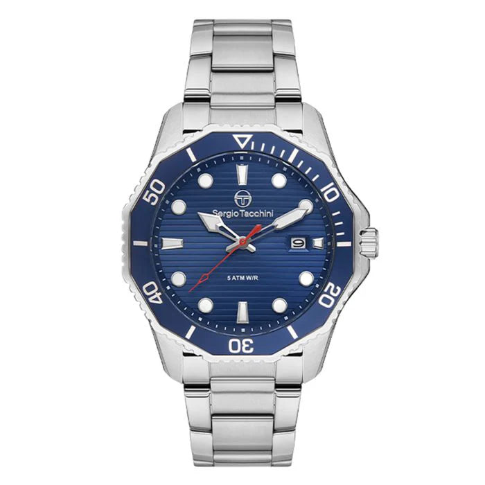 Sergio Tacchini watch with blue dial and silver metal strap on a white background
Salam Luxury