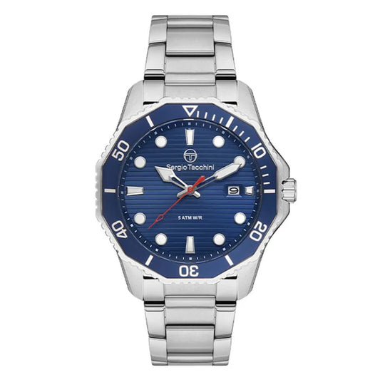 Sergio Tacchini watch with blue dial and silver metal strap on a white background
Salam Luxury