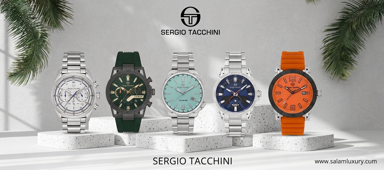 Five Sergio Tacchini watches on display with a gray background
Salam Luxury