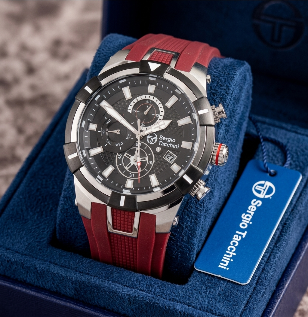 Sergio Tacchini watch with red strap and blue box
Salam luxury
