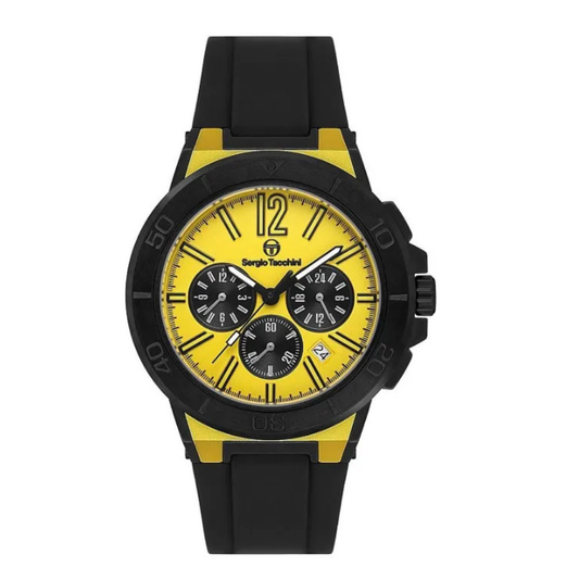 Wristwatch with yellow face and black strap on a white background
Salam luxury