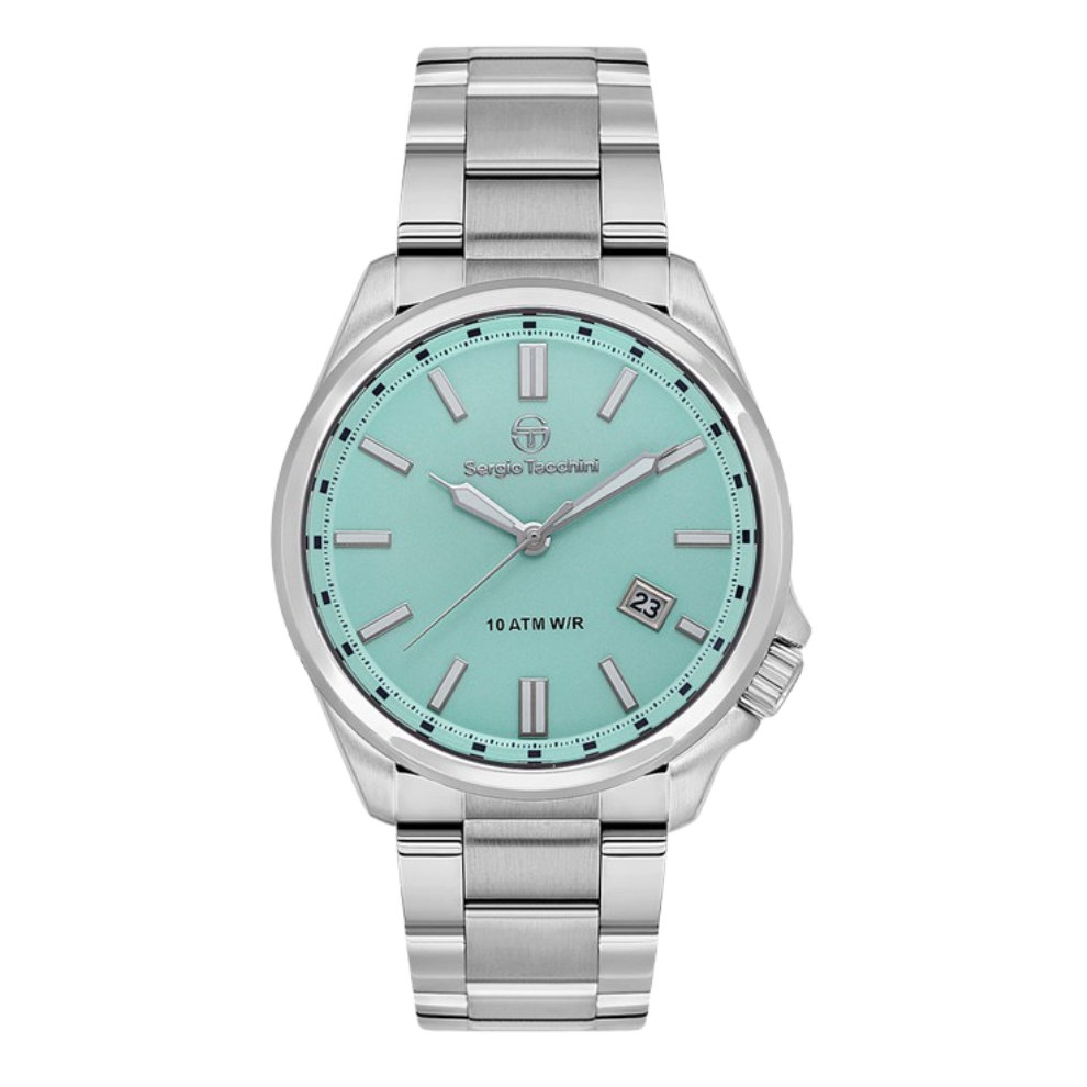 Silver watch with a turquoise dial on a white background
salam luxury
