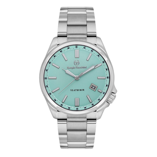 Silver watch with a turquoise dial on a white background
salam luxury