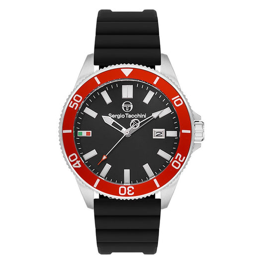 Sergio Tacchini watch with black strap and red bezel on a white background
Salam Luxury