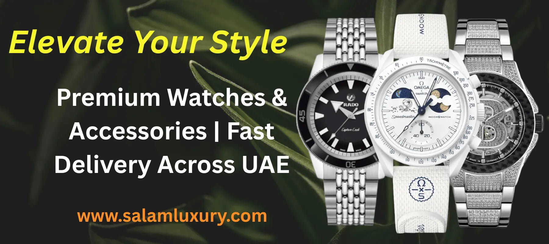 Salam Luxury website hero banner showing premium luxury watches and accessories with fast delivery across UAE.